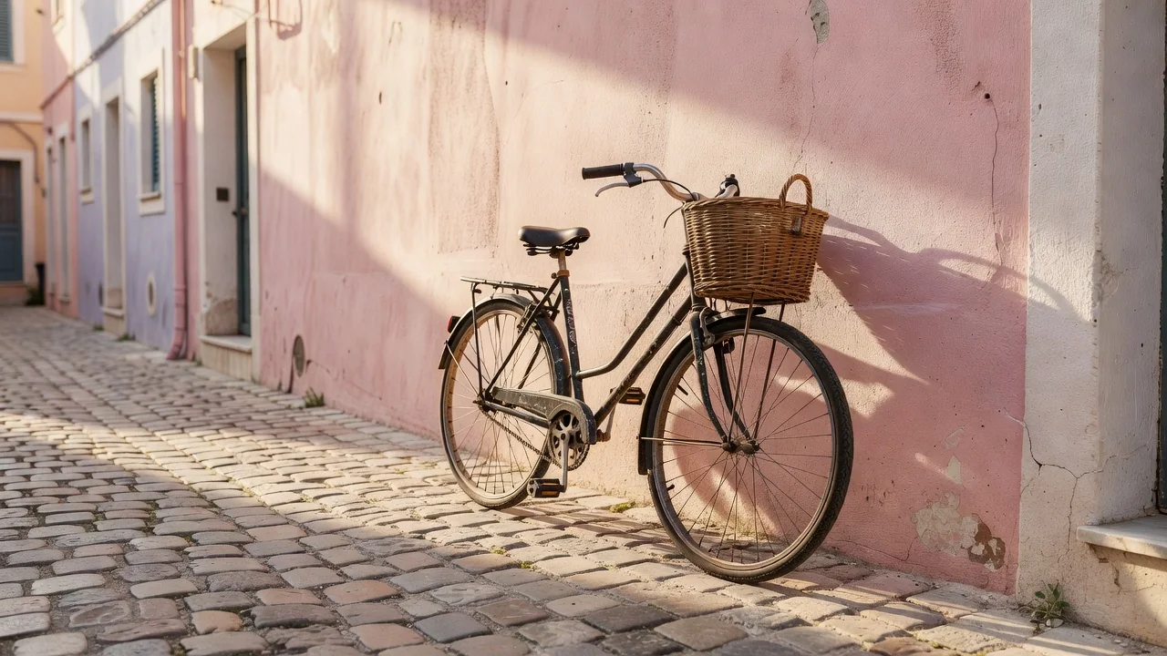 Bicicleta urbana con cesta apoyada en una calle empedrada