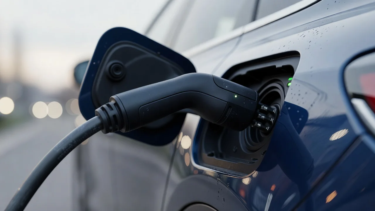 Conector del cable de carga enchufado a un coche eléctrico