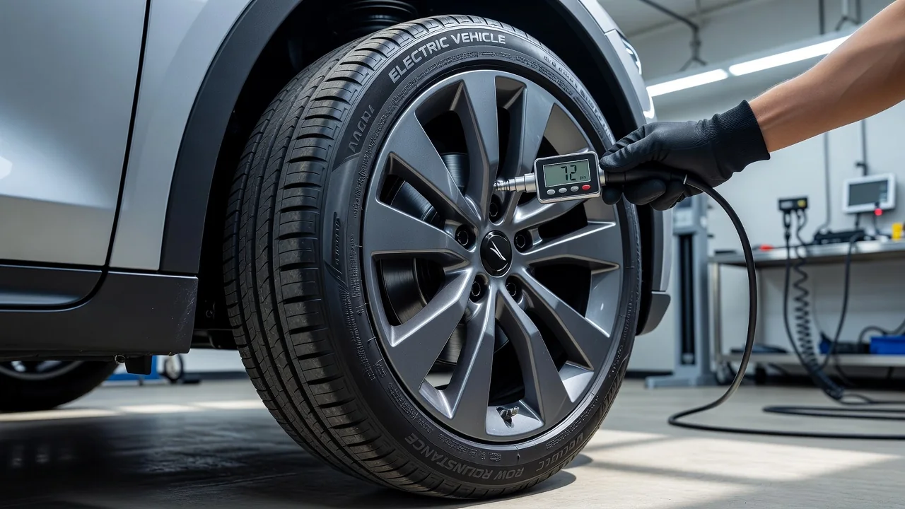 Revisión del neumático de un coche eléctrico en el taller
