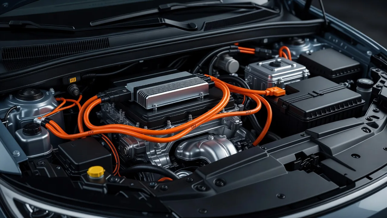 Compartimento del motor de un coche híbrido con cables de alta tensión