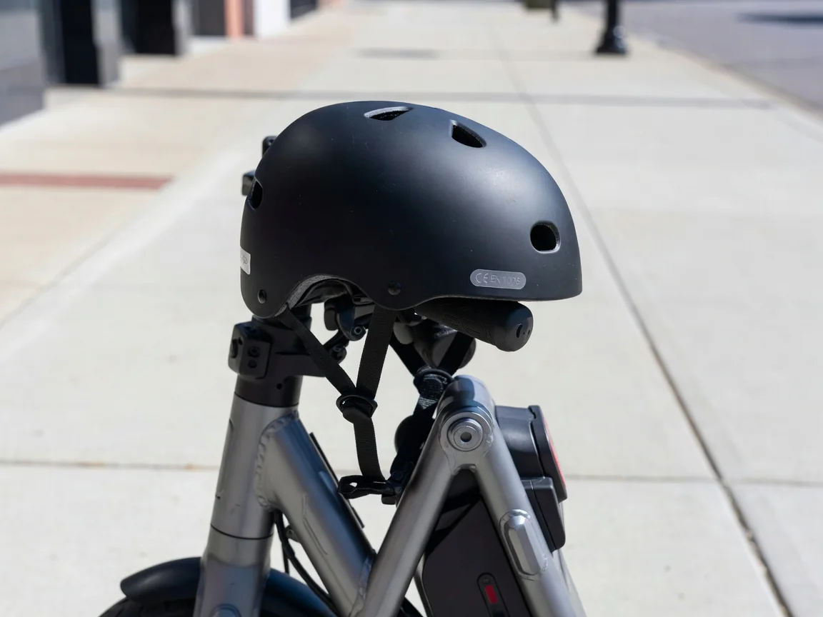 Casco de protección sobre el manillar de un patinete eléctrico
