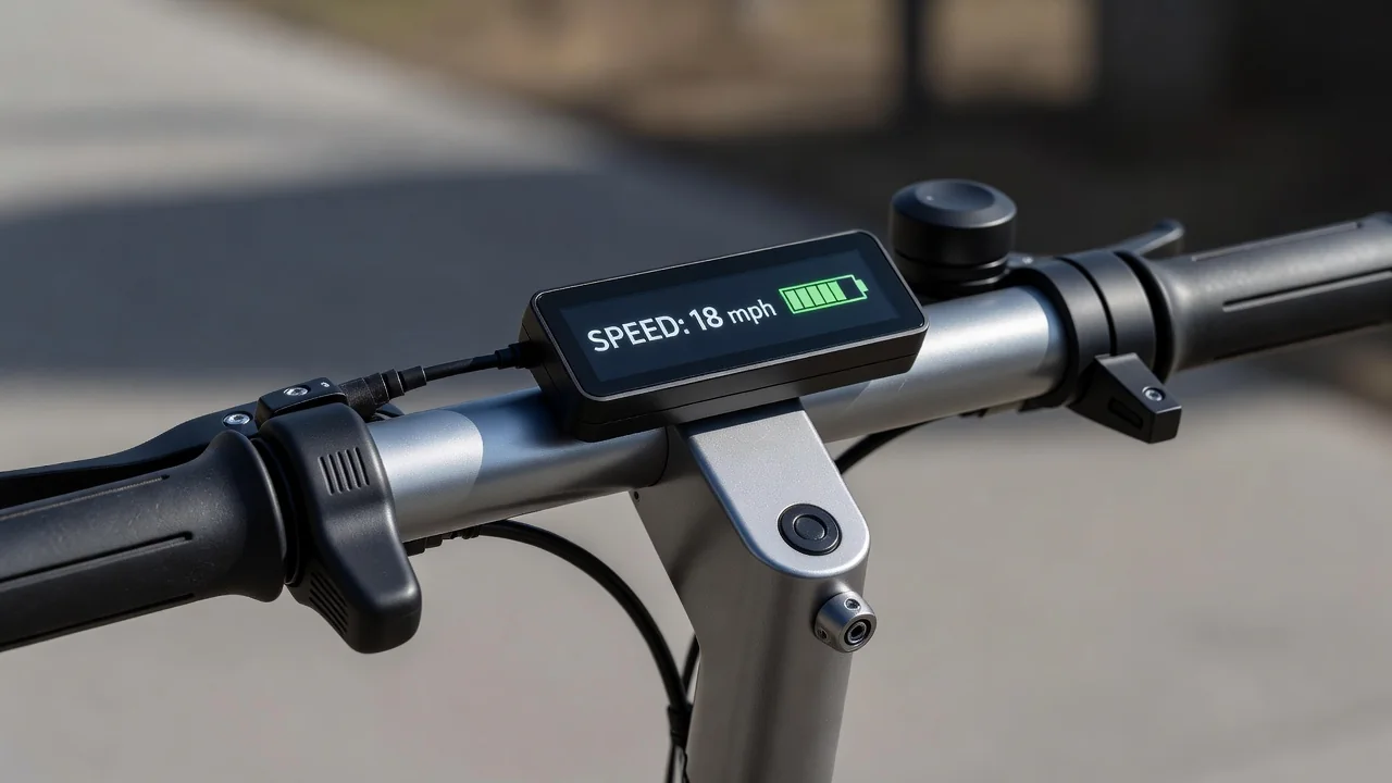 Pantalla LED del manillar de un patinete eléctrico con velocidad y batería